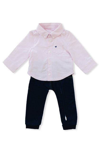 Pink baby oxford shirt with dark blue jeans. Perfect baby boy coming home outfit.