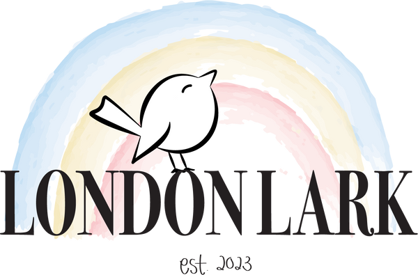 London Lark's logo with a happy bird and rainbow. London Lark sells preppy, dress clothes for babies.