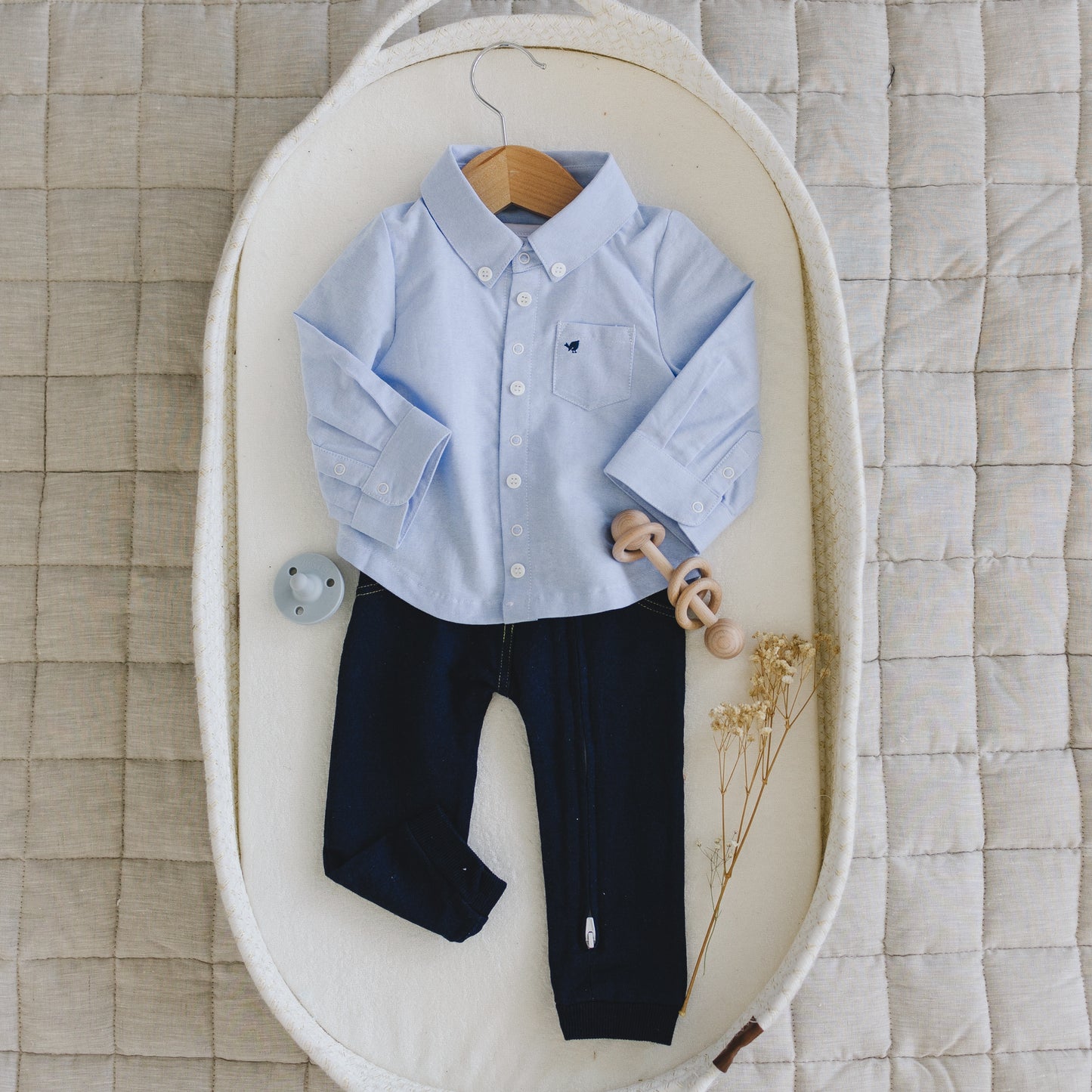 A perfect baby boy coming home outfit that also works great as a baby boy birthday outfit. Clothes size is 0-3 months.