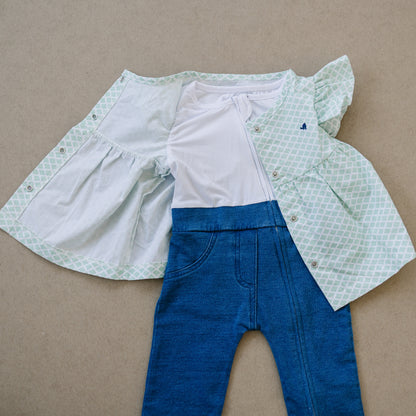 Unique baby girl outfit with a poplin top, stretchy and soft denim pants, and a bamboo onesie. Size includes 9 12 month.